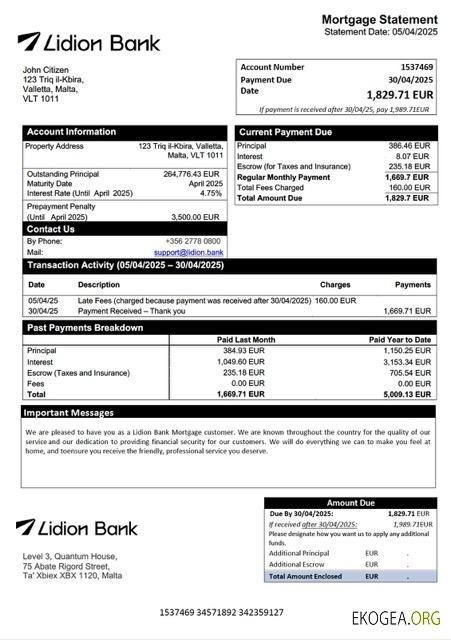 Modèle Word et PDF de relevé hypothécaire de la Malta Lidion Bank